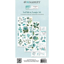 Load image into Gallery viewer, 49 And Market - Rub-On Transfer Set - Color Swatch: Teal. 3 sheets of 6x12 inches premium quality rub-on transfers. Each sheet is loaded with various imagery in shades of teal. Elements of florals, textures, word art and more make up this set. Available at Embellish Away located in Bowmanville Ontario Canada.
