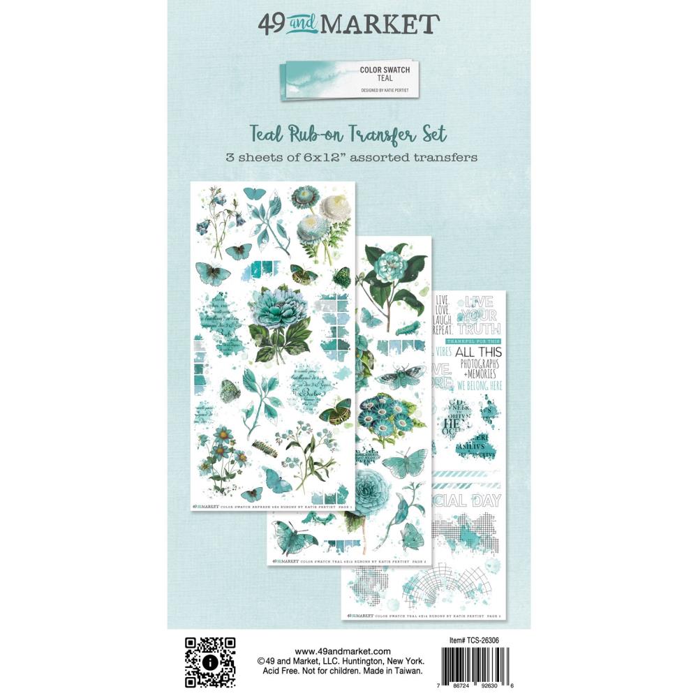 49 And Market - Rub-On Transfer Set - Color Swatch: Teal. 3 sheets of 6x12 inches premium quality rub-on transfers. Each sheet is loaded with various imagery in shades of teal. Elements of florals, textures, word art and more make up this set. Available at Embellish Away located in Bowmanville Ontario Canada.