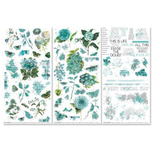 Cargar imagen en el visor de la galería, 49 And Market - Rub-On Transfer Set - Color Swatch: Teal. 3 sheets of 6x12 inches premium quality rub-on transfers. Each sheet is loaded with various imagery in shades of teal. Elements of florals, textures, word art and more make up this set. Available at Embellish Away located in Bowmanville Ontario Canada.
