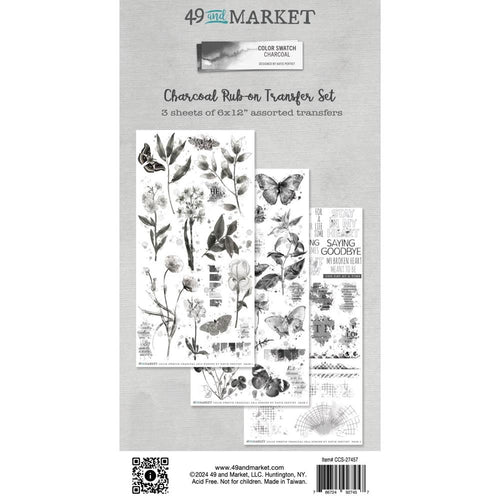 49 And Market - Rub-On Transfer Set - Color Swatch: Charcoal. 3 sheets of 6x12 inch premium quality rub-on transfers. Each sheet is loaded with various imagery in shades of Charcoal. Elements of florals, textures, word art and more make up this set. Available at Embellish Away located in Bowmanville Ontario Canada.