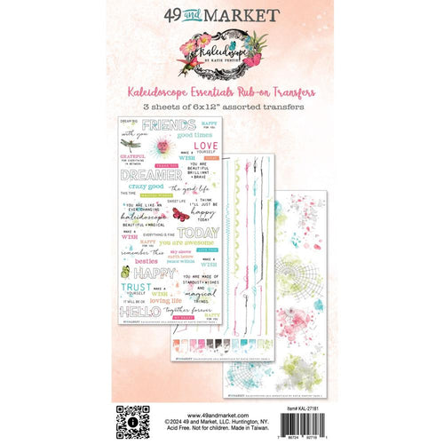 49 And Market - Rub-On Transfer Set - Essentials - Kaleidoscope. The Essentials set includes user friendly word art, stitching and textures. These elements can be added to any project to add just the right bit where you need it. Available at Embellish Away located in Bowmanville Ontario Canada.