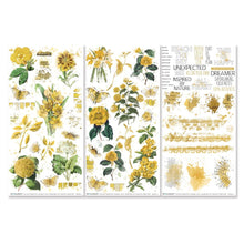 Load image into Gallery viewer, 49 And Market - Rub-Ons 6&quot;x12&quot; - Color Swatch: Ochre. 3 sheets of 6x12&quot; premium quality rub-on transfers. Each sheet is loaded with various imagery in shades of yellow ochre. Elements of florals, textures, word art and more make up this set. Available at Embellish Away located in Bowmanville Ontario Canada.
