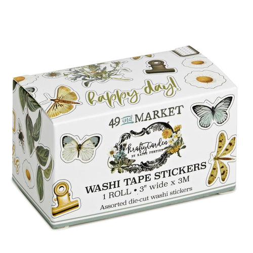 49 And Market - Washi Sticker Roll - Krafty Garden. An assortment of 35 washi stickers on a continuous roll of self-adhesive images that have varied designs including phrases, florals, foliage and labels. Available at Embellish Away located in Bowmanville Ontario Canada.