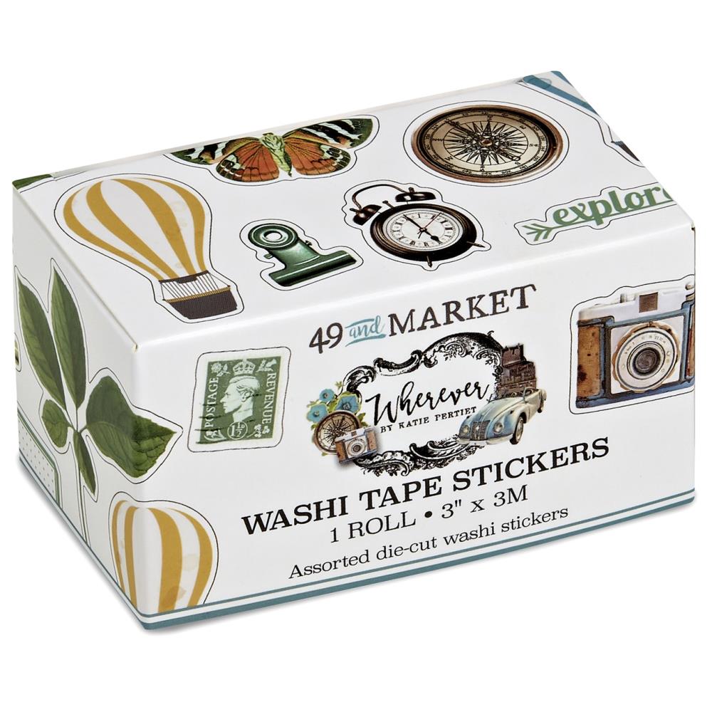 49 And Market - Washi Sticker Roll - Wherever. One roll of assorted die-cut washi stickers. Each 3 inch roll has a repeat of approximately 13 inch long - 27 images repeated for a length of 3 meters. Available at Embellish Away located in Bowmanville Ontario Canada.