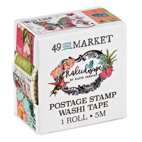 49 And Market - Washi Tape Roll - Postage - Kaleidoscope. Postage Stamp Washi tape is a continuous masking-like roll of perforated semi transparent tape. Available at Embellish Away located in Bowmanville Ontario Canada.