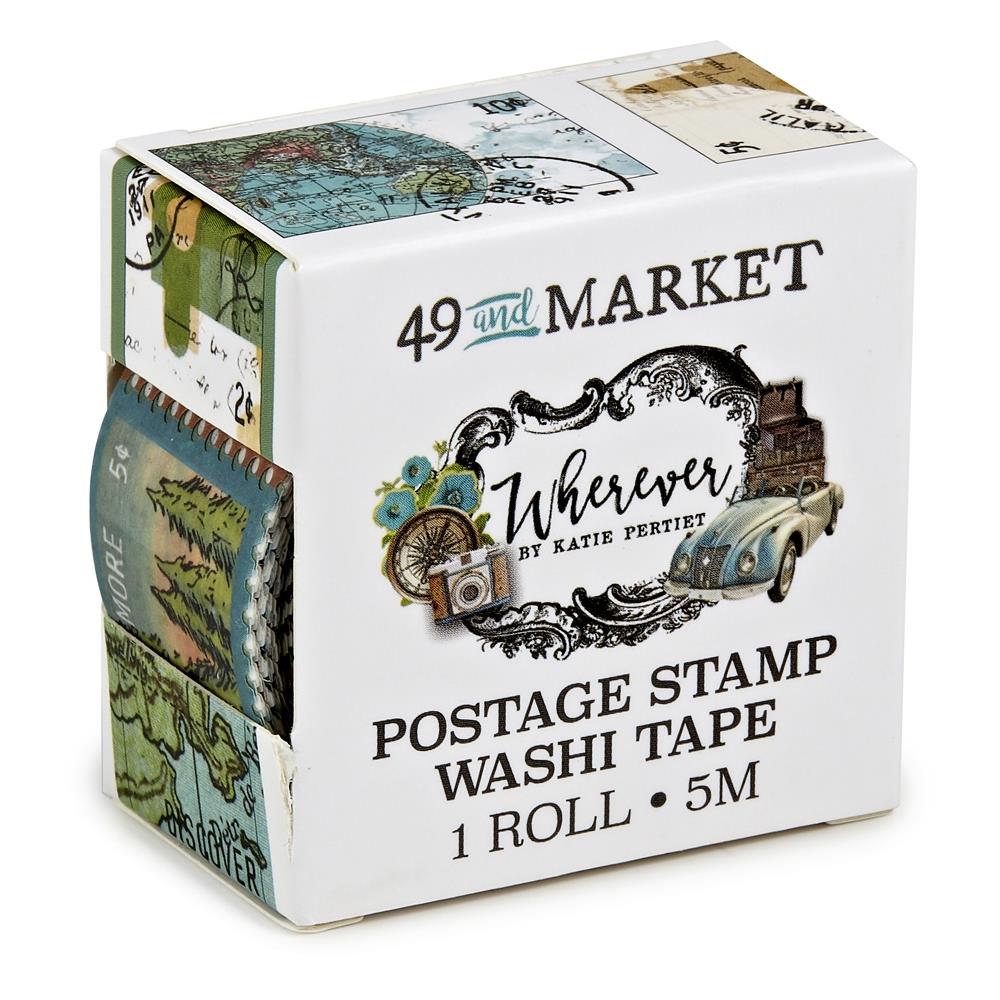 49 And Market - Washi Tape Roll - Postage Stamp - Wherever. This continuous roll of perforated postage stamps are printed on washi tape. They can easily be torn and are repositionable. Available at Embellish Away located in Bowmanville Ontario Canada.