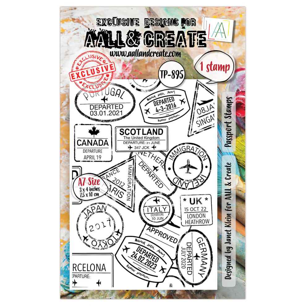 AALL & Create Stamp Set - 895 - Passport Stamps. Size: A7. Available at Embellish Away located in Bowmanville Ontario Canada.