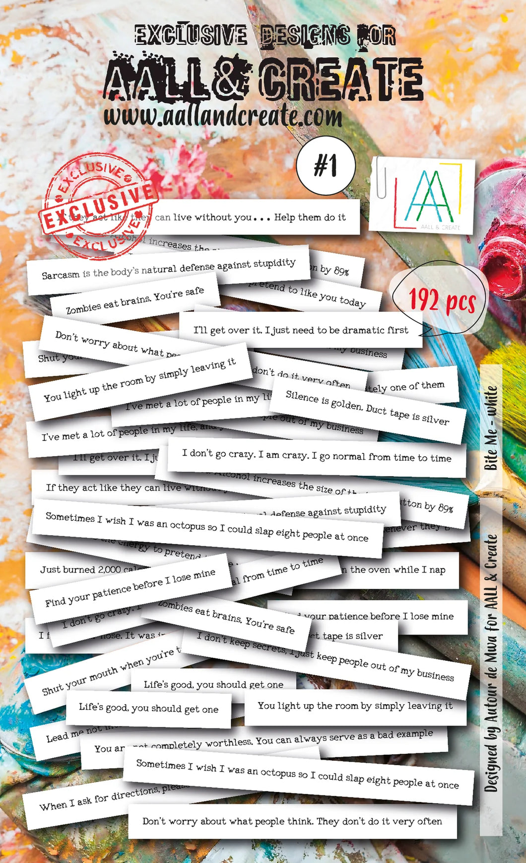 Aall & Create - Ephemera - #1 - Bite Me - White. Ephemera Die Cuts 192 pieces. Available at Embellish Away in Bowmanville Ontario Canada.