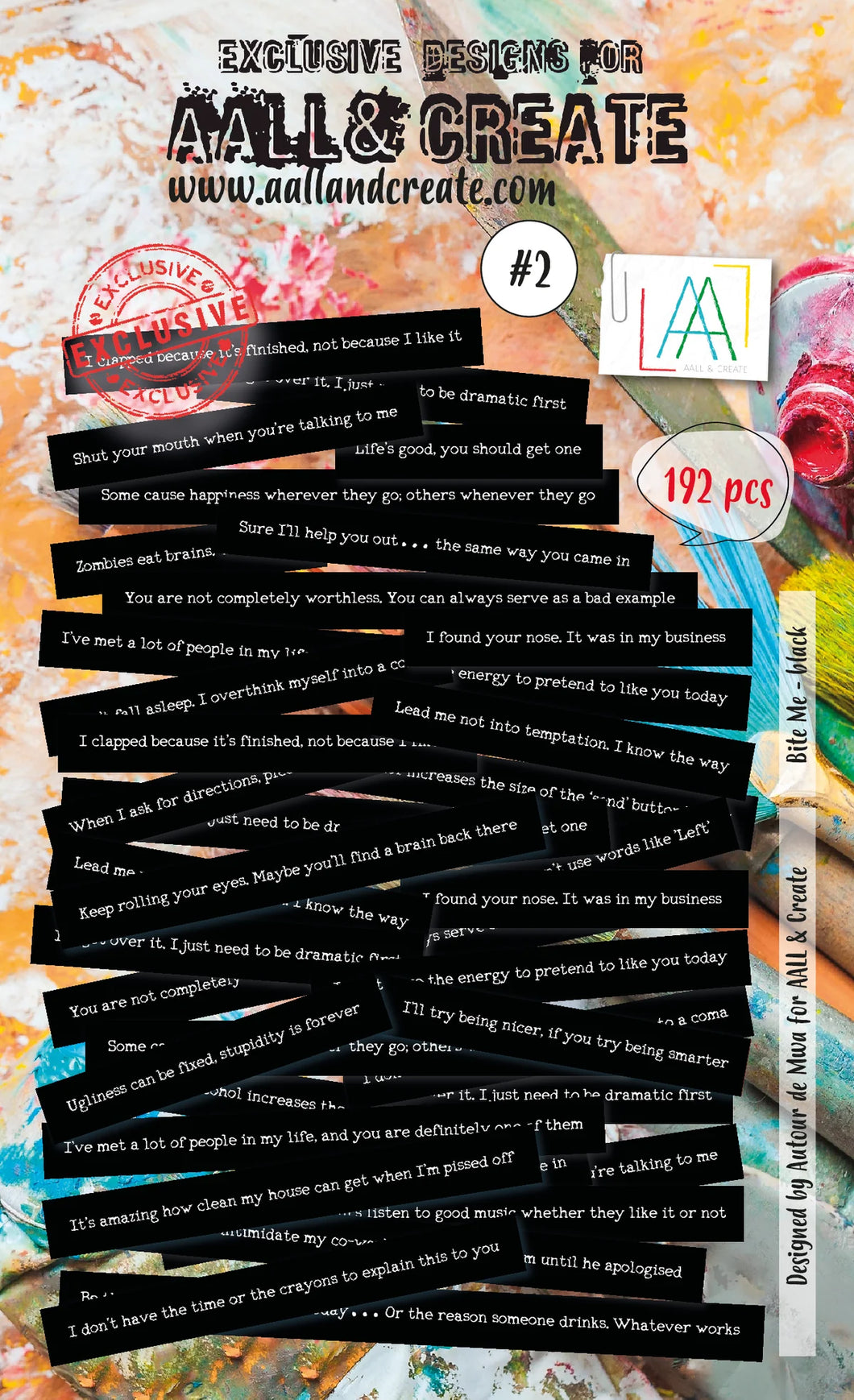 Aall & Create - - Ephemera - #3 - Bite Me - Black. Ephemera Die Cuts 192 pieces. Designer - Janet Klein. Available at Embellish Away in Bowmanville Ontario Canada.