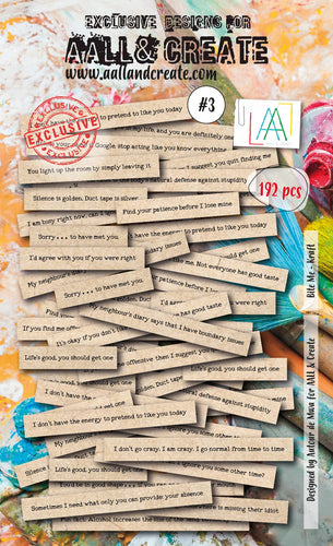Aall & Create - - Ephemera - #3 - Bite Me - Kraft. Ephemera Die Cuts 192 pieces. Designer - Janet Klein. Available at Embellish Away in Bowmanville Ontario Canada.