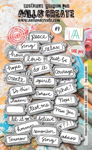 Aall & Create - - Ephemera - #9 Tiny Words - White. Ephemera Die Cuts140 pieces. Designer - Janet Klein. Available at Embellish Away in Bowmanville Ontario Canada.