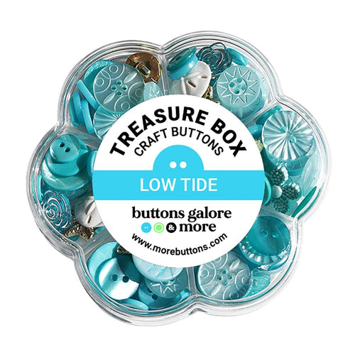 Buttons Galore - Treasure Box - Low Tide. The Treasure Box from Buttons Galore and More contains a variety of colors and specialty buttons. The different shades of colors make it easy to mix and match the buttons to create a cohesive look. Available at Embellish Away located in Bowmanville Ontario Canada.
