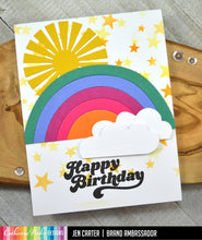 Load image into Gallery viewer, Catherine Pooler - Die - Over the Rainbow. The Over the Rainbow Die is our perfect little rainbow! Complete with clouds, this large die was created to fill your card front. Available at Embellish Away located in Bowmanville Ontario Canada. Example by Jen Carter
