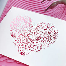 Load image into Gallery viewer, Catherine Pooler - Hot Foil Plate - Hearts Aflutter. Foil a beautiful statement piece with the Hearts Aflutter Foil Plate. This floral heart features a butterfly and is a large image to fill your card front. Available at Embellish Away located in Bowmanville Ontario Canada. Example by brand ambassador.
