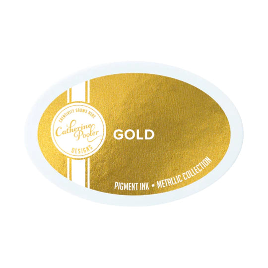 Catherine Pooler - Metallic Pigment Ink Pad - Gold. Gold certainly does glitter when it comes in the form of Metallic Pigment Ink! The Gold Metallic Pigment Ink is a warm, yellow gold and will bring bling to your next project. Available at Embellish Away located in Bowmanville Ontario Canada.