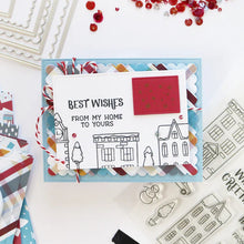 Load image into Gallery viewer, Catherine Pooler - Patterned Paper - Bedford Falls. This paper pack features patterns and prints of life in a sleepy little town. Featuring a print of houses and people out walking their dogs along with post boxes, letters, and snow topped topiaries! Available at Embellish Away located in Bowmanville Ontario Canada. Example by brand ambassador.
