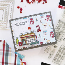 Load image into Gallery viewer, Catherine Pooler - Patterned Paper - Bedford Falls. This paper pack features patterns and prints of life in a sleepy little town. Featuring a print of houses and people out walking their dogs along with post boxes, letters, and snow topped topiaries! Available at Embellish Away located in Bowmanville Ontario Canada. Example by brand ambassador.
