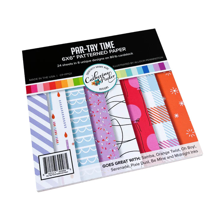 Catherine Pooler - Patterned Paper - Par-Tay Time. One look at this paper pack and you will know it is Par-Tay Time! This Patterned Paper if bright, bold and modern. It has you covered from the balloons and candles to the scalloped icing and sprinkles! Available at Embellish Away located in Bowmanville Ontario Canada.
