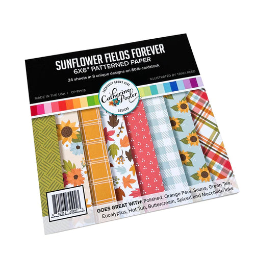 Catherine Pooler - Patterned Paper - Sunflower Fields. Add a pattern or print from Sunflower Fields Forever Patterned Paper to your fall cards and projects. Pretty plaids and sunflower prints are mixed in with fall leaves in this pack. Available at Embellish Away located in Bowmanville Ontario Canada.