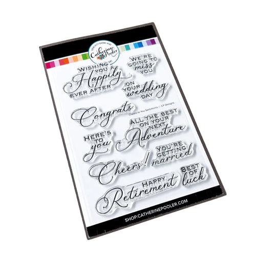 Catherine Pooler - Sentiments Stamp & Die Set - Cheers to You. This set has greetings that will work for weddings, engagement, retirement, moving and new jobs all in an elegant mix of script and serif fonts. Available at Embellish Away located in Bowmanville Ontario Canada