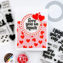 Cargar imagen en el visor de la galería, Catherine Pooler - Sentiments Stamp &amp; Die Set - Sweet Nothings. Whisper some sweet nothings to your favorite people. This set has coordinating dies for it&#39;s large statement sentiments like &quot;I think you&#39;re cute&quot; and &quot;so glad we&#39;re a thing&quot;.  Available at Embellish Away located in Bowmanville Ontario Canada Example by brand ambassador.

