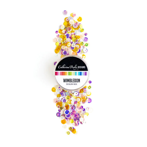 Catherine Pooler - Sequin Mix - Wimbledon. This famous area is a mecca for tennis lovers around the world. Features sequins in shades of golden yellow, iridescent peach and pops of purple. Available at Embellish Away located in Bowmanville Ontario Canada.