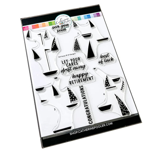 Catherine Pooler - Stamp Set - Sail Away. Create a colorful sailboat scene with the Sail Away 6x8 Stamp Set. This 4 step layering set will allow you to mix and match color combos to create 6 sailboats. Available at Embellish Away located in Bowmanville Ontario Canada.