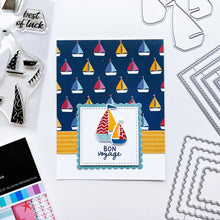 Load image into Gallery viewer, Catherine Pooler - Stamp Set - Sail Away. Create a colorful sailboat scene with the Sail Away 6x8 Stamp Set. This 4 step layering set will allow you to mix and match color combos to create 6 sailboats. Available at Embellish Away located in Bowmanville Ontario Canada. Example by brand ambassador.
