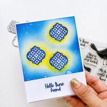 Load image into Gallery viewer, Catherine Pooler - Stamp &amp; Die Set - Arabesque Pieces. This Set has patterned shapes for creating backgrounds and beautiful embellishments. The included sentiments of Love you more and Keep smiling are just the extra little touch your cards will need. Available at Embellish Away located in Bowmanville Ontario Canada Example by brand ambassador.
