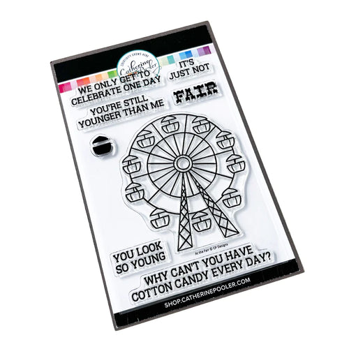 Catherine Pooler - Stamp & Die Set - At the Fair. The icon of the fair coming to town is the Ferris Wheel. The At the Fair Stamp Set and coordinating dies features a Ferris Wheel stamp with a fill in for each car. Available at Embellish Away located in Bowmanville Ontario Canada.