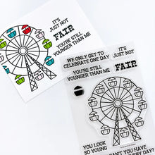 Load image into Gallery viewer, Catherine Pooler - Stamp &amp; Die Set - At the Fair. The icon of the fair coming to town is the Ferris Wheel. The At the Fair Stamp Set and coordinating dies features a Ferris Wheel stamp with a fill in for each car. Available at Embellish Away located in Bowmanville Ontario Canada.
