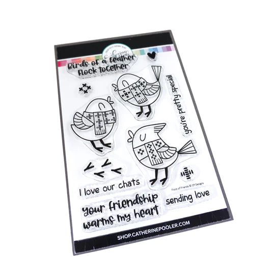 Catherine Pooler - Stamp & Die Set - Flock of Friends. The Flock of Friends Set will warm your heart with its scarf clad birdies and loving sentiments. Use the Flock of Friends Dies to pop out the lovely birdies. Available at Embellish Away located in Bowmanville Ontario Canada