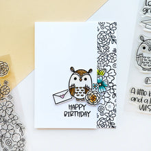 Load image into Gallery viewer, Catherine Pooler - Stamp &amp; Die Set - Floral Fiction. The Floral Fiction Set is full of fun background and decorative elements for birthday, graduation or just because cards Pair these book and flowers with the Owls from the Who&#39;s Hoo set. Available at Embellish Away located in Bowmanville Ontario Canada. Example by brand ambassador.
