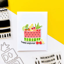 Cargar imagen en el visor de la galería, Catherine Pooler - Stamp &amp; Die Set - Fruitfully Frosted. Celebration cakes never looked so sweet as they will with the Fruitfully Frosted Set. This summery fruit-themed layer cake stamp set is so fun to piece together in a variety of ways. Available at Embellish Away located in Bowmanville Ontario Canada Example by brand ambassador.
