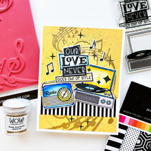 Load image into Gallery viewer, Catherine Pooler - Stamp &amp; Die Set - Music to My Ears. Music to My Ears Stamp Set and the coordinating Dies is an adorable line-art stamp set featuring these images and retro illustrated sentiments. Available at Embellish Away located in Bowmanville Ontario Canada. Card example by brand ambassador.
