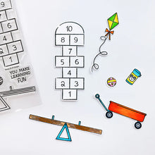 Cargar imagen en el visor de la galería, Catherine Pooler - Stamp &amp; Die Set - Recess. It&#39;s time for everybody&#39;s favorite subject-Recess! Grab the Recess Stamp Set and coordinating dies with all the essentials of nostalgic playground games like see-saw and hop scotch. Available at Embellish Away located in Bowmanville Ontario Canada.
