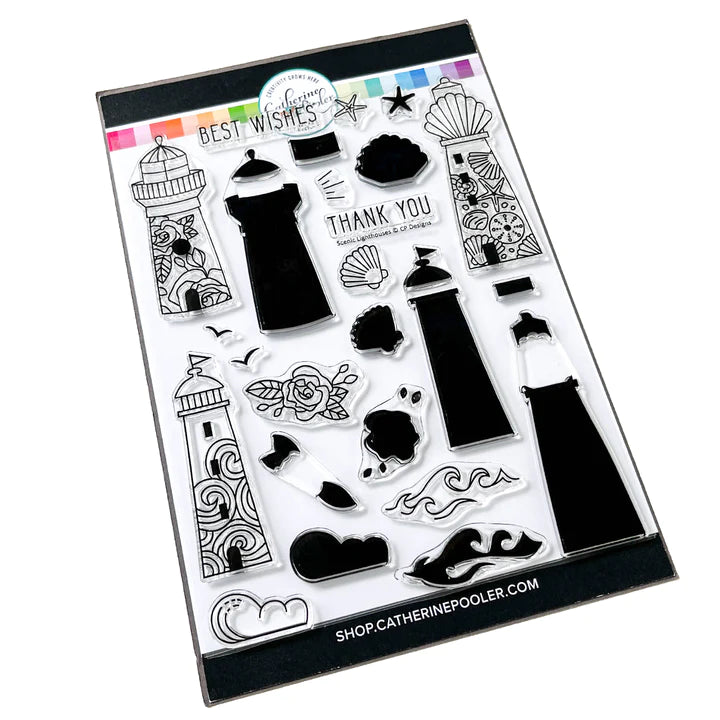 Catherine Pooler - Stamp & Die Set - Scenic Lighthouses. The Scenic Lighthouses Set has three unique, hand drawn lighthouses. The outline lighthouse image is perfect for coloring with ink pads and Blender Pens or Copic or Alcohol Markers. Available at Embellish Away located in Bowmanville Ontario Canada.