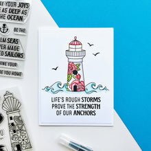 Load image into Gallery viewer, Catherine Pooler - Stamp &amp; Die Set - Scenic Lighthouses. The Scenic Lighthouses Set has three unique, hand drawn lighthouses. The outline lighthouse image is perfect for coloring with ink pads and Blender Pens or Copic or Alcohol Markers. Available at Embellish Away located in Bowmanville Ontario Canada. Example by brand ambassador.
