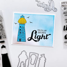 Load image into Gallery viewer, Catherine Pooler - Stamp &amp; Die Set - Scenic Lighthouses. The Scenic Lighthouses Set has three unique, hand drawn lighthouses. The outline lighthouse image is perfect for coloring with ink pads and Blender Pens or Copic or Alcohol Markers. Available at Embellish Away located in Bowmanville Ontario Canada. Example by brand ambassador.

