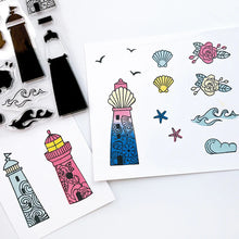 Charger l&#39;image dans la galerie, Catherine Pooler - Stamp &amp; Die Set - Scenic Lighthouses. The Scenic Lighthouses Set has three unique, hand drawn lighthouses. The outline lighthouse image is perfect for coloring with ink pads and Blender Pens or Copic or Alcohol Markers. Available at Embellish Away located in Bowmanville Ontario Canada.
