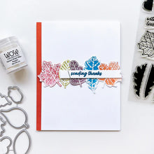 Load image into Gallery viewer, Catherine Pooler - Stamp &amp; Die Set - Stamp-a-Side Leaves. You will certainly fall for the Stamp-a-Side Leaves Stamp &amp; Die Set. You can stamp the whimsical patterned leaves with multiple ink colors or color the outline image with markers or blender pens. Available at Embellish Away located in Bowmanville Ontario Canada. Example by brand ambassador.
