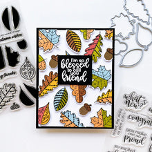 Load image into Gallery viewer, Catherine Pooler - Stamp &amp; Die Set - Stamp-a-Side Leaves. You will certainly fall for the Stamp-a-Side Leaves Stamp &amp; Die Set. You can stamp the whimsical patterned leaves with multiple ink colors or color the outline image with markers or blender pens. Available at Embellish Away located in Bowmanville Ontario Canada. Example by brand ambassador.
