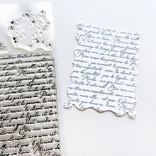 Cargar imagen en el visor de la galería, Catherine Pooler - Stamps - Scripted Thoughts. The Scripted Thoughts Stamp Set features a large scripted background texture and ink splatters to give a vintage look. Available at Embellish Away located in Bowmanville Ontario Canada.
