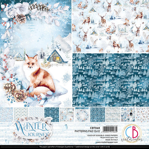 Ciao Bella - 12x12 Patterns Pad - 8 Sheets - Winter Journey. With beautiful snowy images the Winter Journey collection has a cool color palette of ice blue and white perfect for your Winter projects and greeting cards. Available at Embellish Away located in Bowmanville Ontario Canada