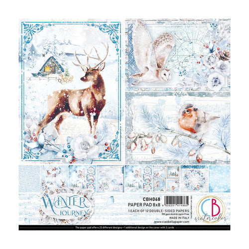 Ciao Bella - 8x8 Paper Pad - 12/Pkg - Winter Journey. With beautiful snowy images the Winter Journey collection has a cool color palette of ice blue and white perfect for your Winter projects and greeting cards. Available at Embellish Away located in Bowmanville Ontario Canada