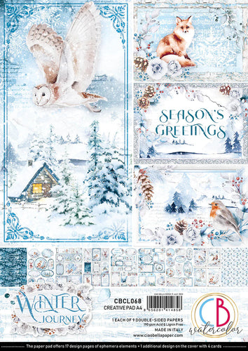 Ciao Bella - Creative Pad A4 9/Pkg - Winter Journey. With beautiful snowy images the Winter Journey collection has a cool color palette of ice blue and white perfect for your Winter projects and greeting cards. Available at Embellish Away located in Bowmanville Ontario Canada