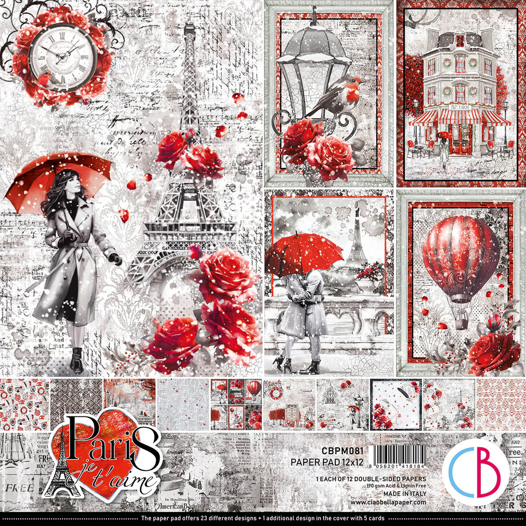 Ciao Bella - Pad 12x12 - 12/Pkg - Paris Je t’aime. “Paris Je t’aime” is an elegant and modern collection that celebrates Paris with a refined combination of white, black, and red details. Available at Embellish Away located in Bowmanville Ontario Canada.