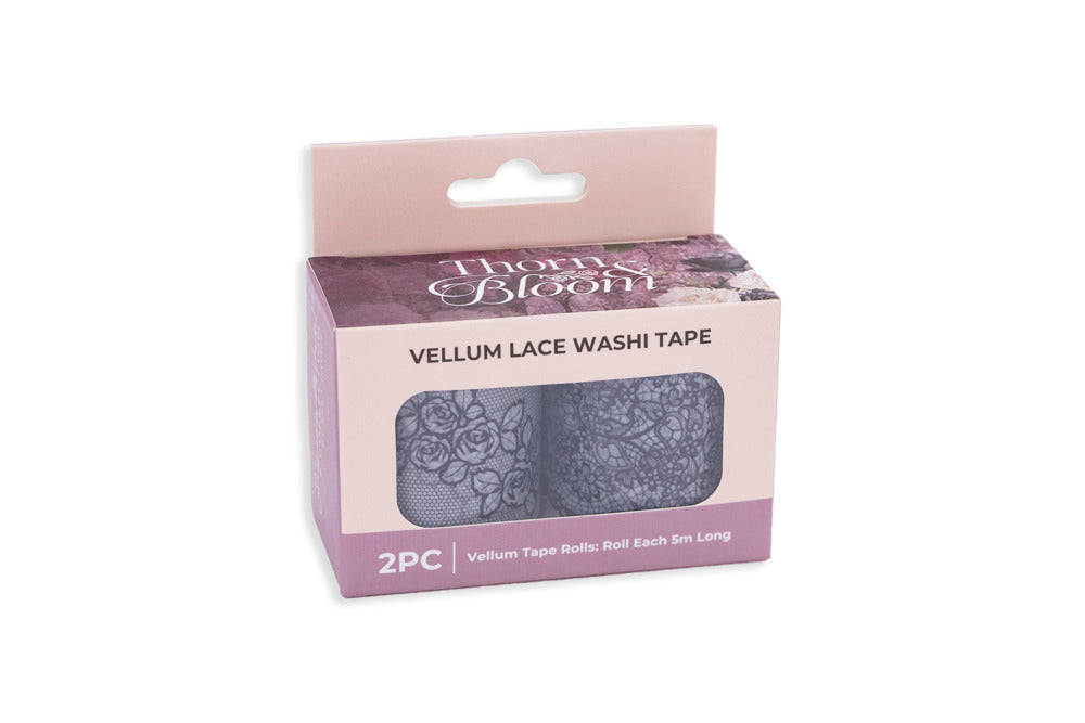 Crafter's Companion - Vellum Lace Washi Tape - Thorn & Bloom. 2 rolls and 3 colours of gothic ribbon. At Embellish Away in Bowmanville Ontario Canada.