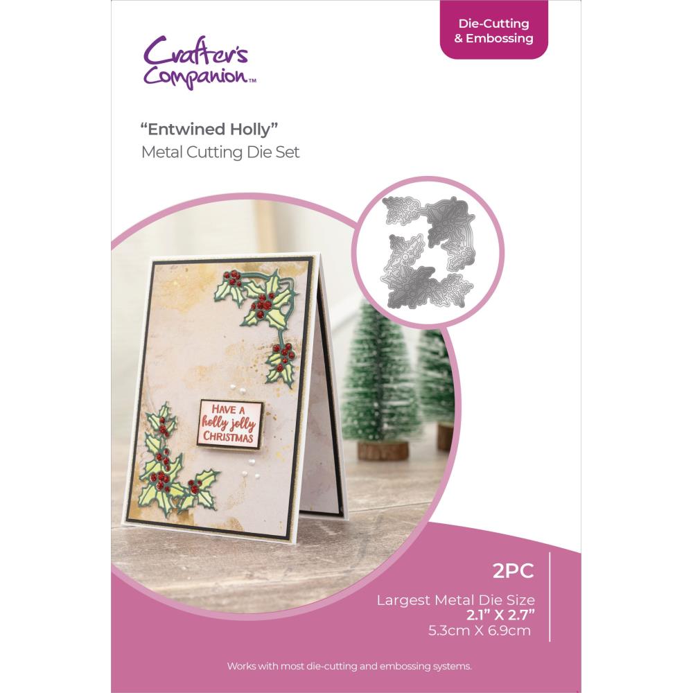 Crafters Companion - Die Cutting and Embossing - Entwined Holly. Add a sense of the festive season with these Christmas Corner dies, they can add the finishing touches to any card. Available at Embellish Away located in Bowmanville Ontario Canada.