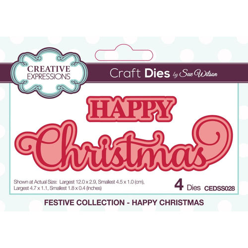 Creative Expressions - Craft Dies By Sue Wilson - Festive Happy Christmas. This Happy Christmas shadowed sentiments craft die is part of Sue's Festive collection. It is perfect to add the finishing touch to all your card and craft projects. Available at Embellish Away located in Bowmanville Ontario Canada.